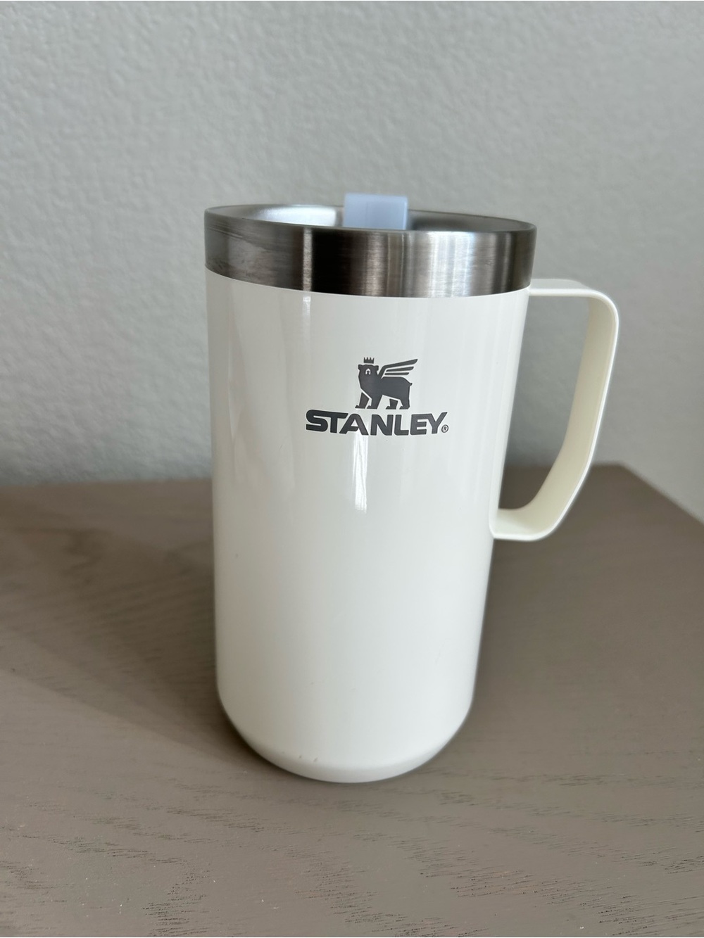 Stanley off White and Silver Travel coffee Mug with Handle